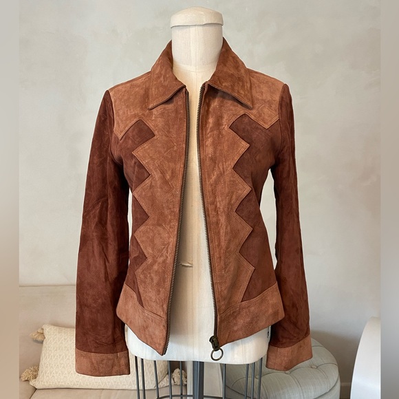 SUEDE PATCHWORK 70s STYLE ZIP UP LEATHER JACKET - Picture 4 of 14